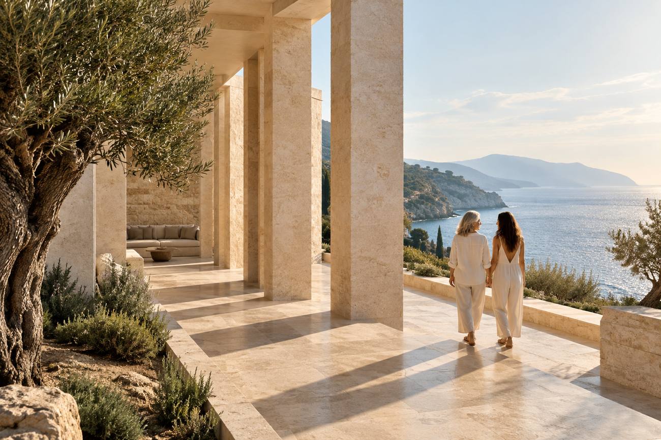 Two women walking together along a sunlit stone terrace above the sea, framed by olive trees
